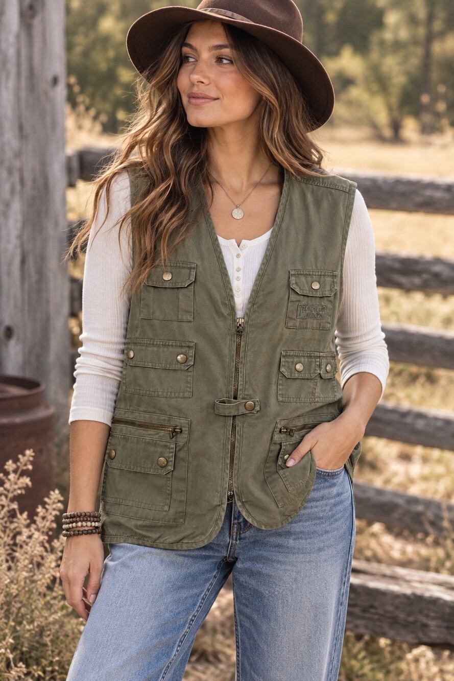Vintage 90s Lauren Ralph Lauren Olive Green Utility Cargo Vest L Gorpcore Field